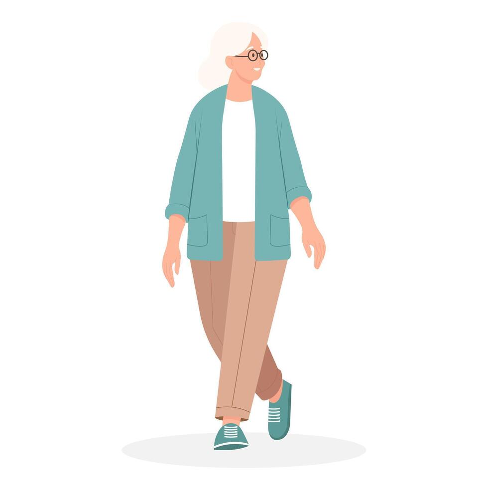 An elderly woman with gray hair walks and looks to the side vector