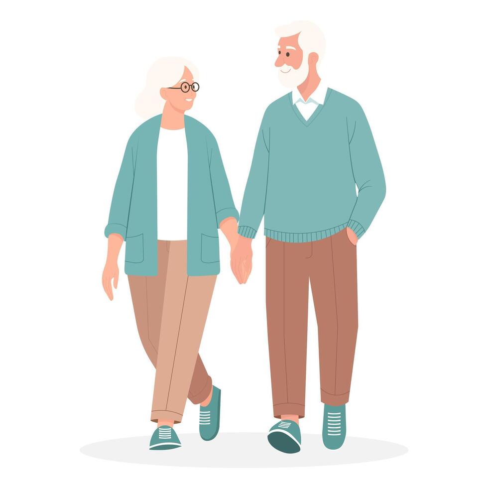 An elderly couple is walking hand in hand. illustration. vector