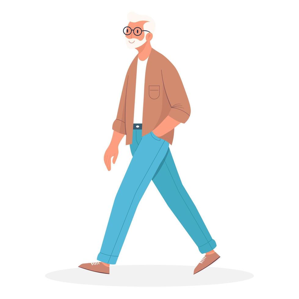 An elderly man with gray hair and a beard walks and looks to the side. Flat illustration vector