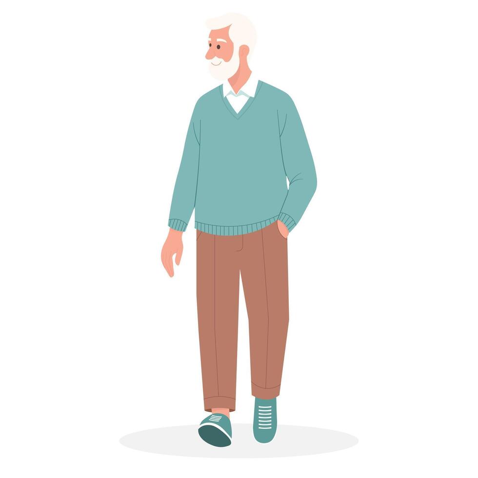 An elderly man with gray hair and a beard walks and looks to the side. flat illustration vector