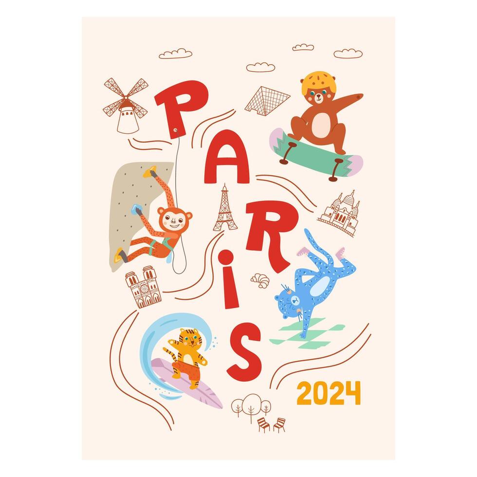 Sport Paris 2024 poster in . Surfing, climbing, skating, breakdancing sport and French sightseeing elements in banner. Cute extreme activity illustration, funny card. Olympics design. vector