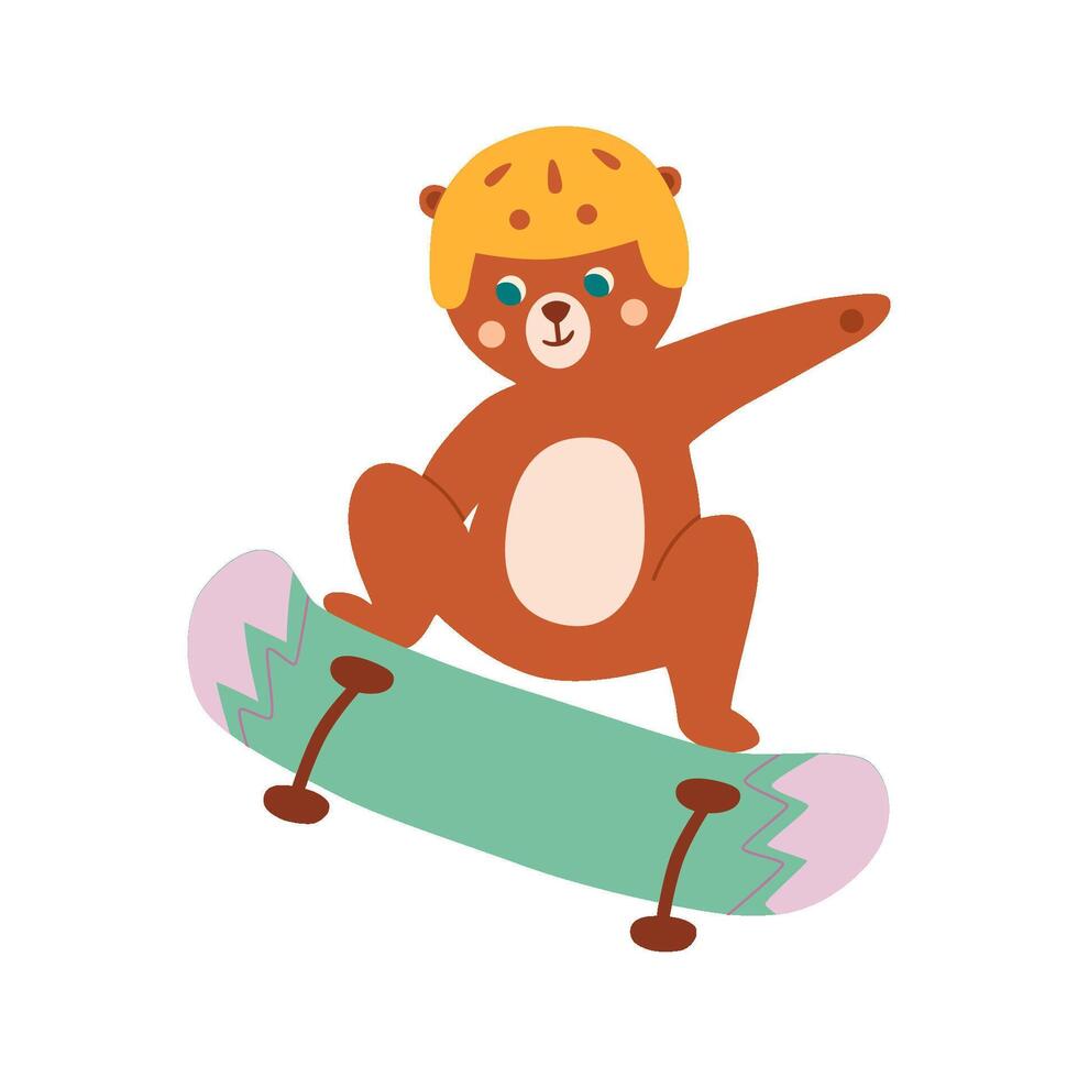 Skateboarding sport. Cute animal rides longboard, jump, perform tricks. summer activity illustration, extreme, urban skateboard sport, activity. Cute childish element of bear isolated on white. vector