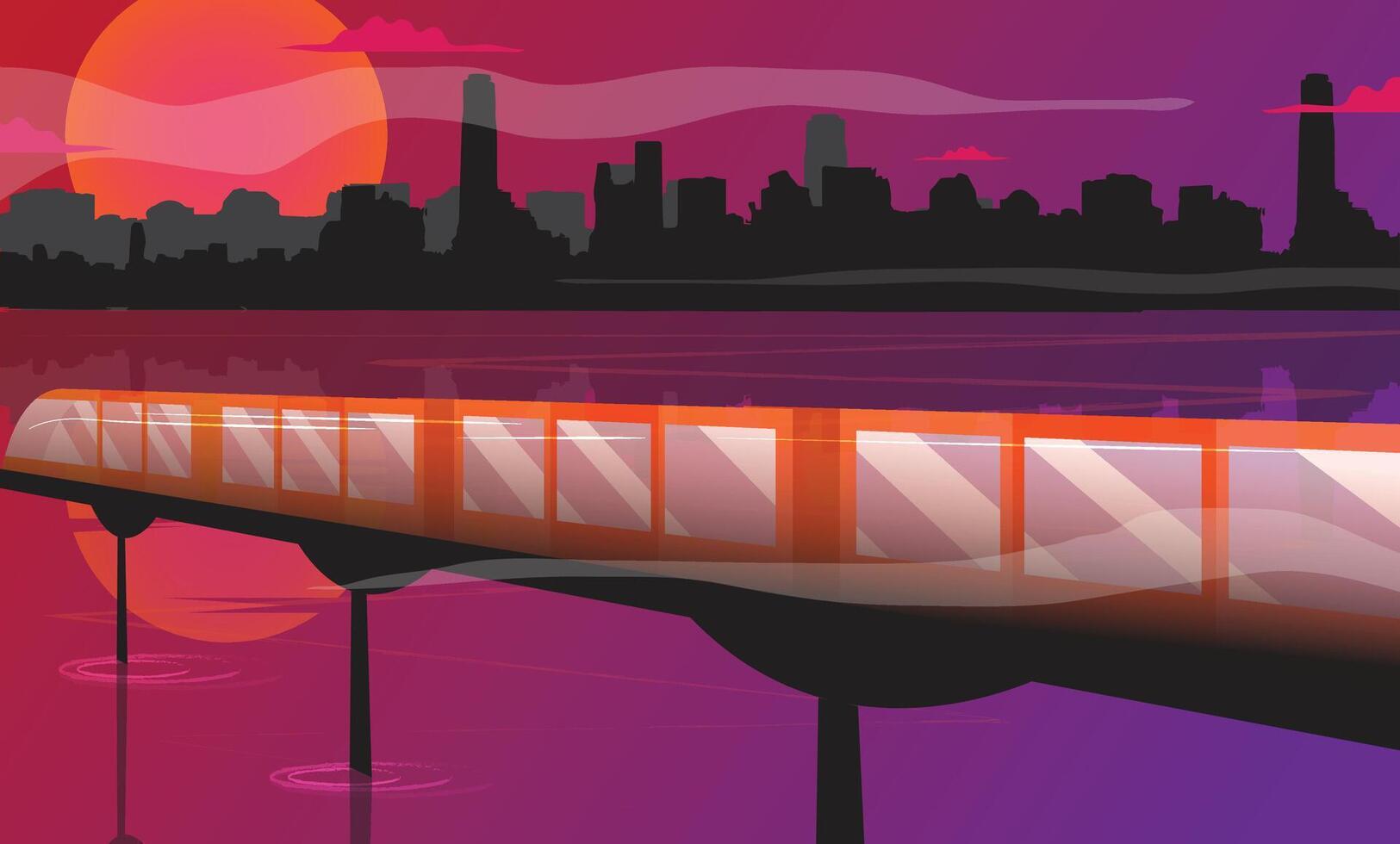 Landscape of sunset, cityscape and train or metro rail going through over bridge above river or ocean illustration. Modern transportation concept. vector