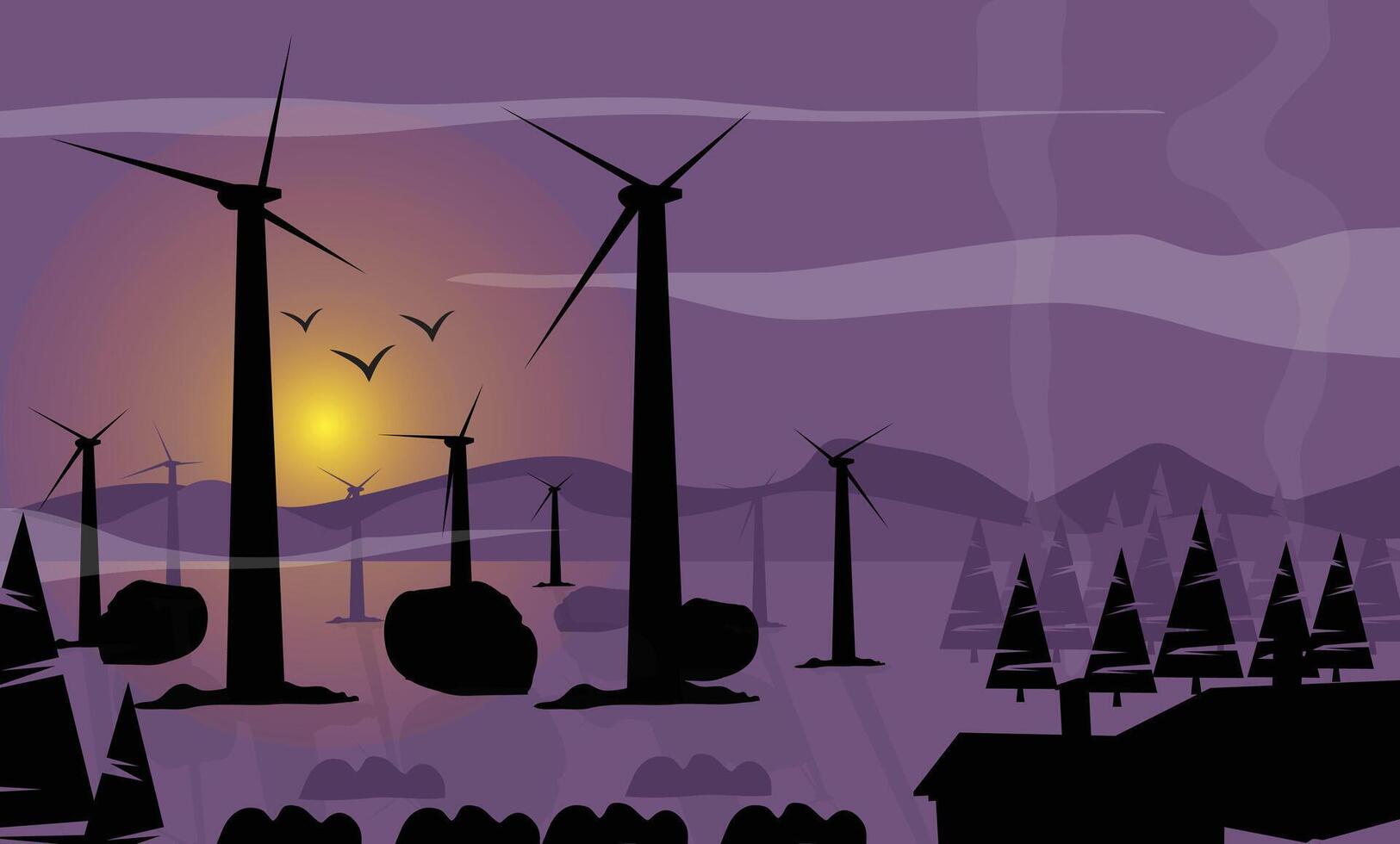 Windmill and farm concept beautiful landscape, sunset time illustration. vector