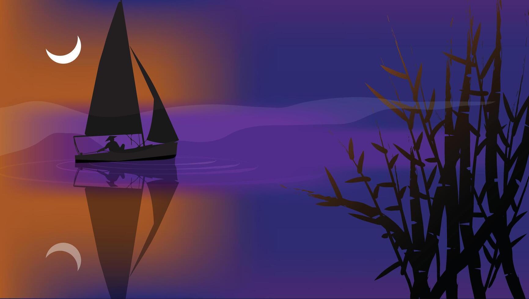 Beautiful landscape nature with sunset and water reflection with floating boat, moon and bamboo tree illustration. Night Scene. vector