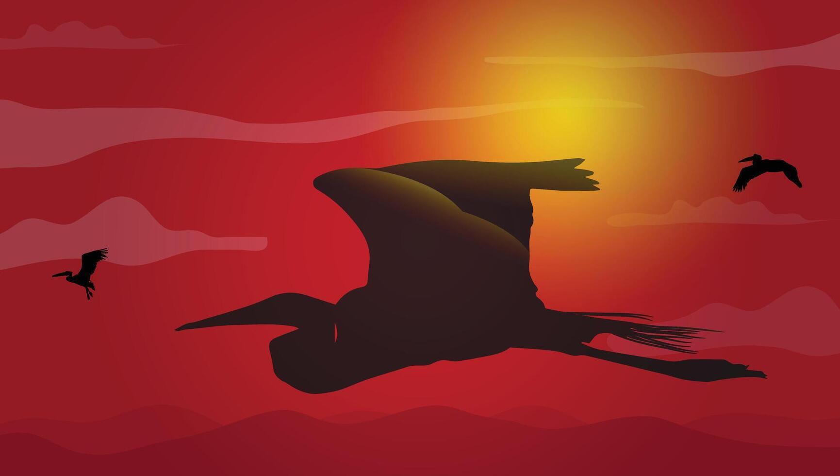 Beautiful sunset landscape nature background illustration with crane birds flying on sky silhouette. vector