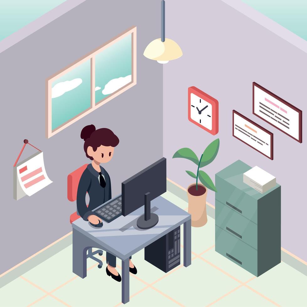 office lady working in her computer vector