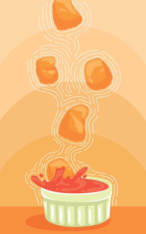 delicious chicken nuggets falling into a bowl with tomato ketchup vector