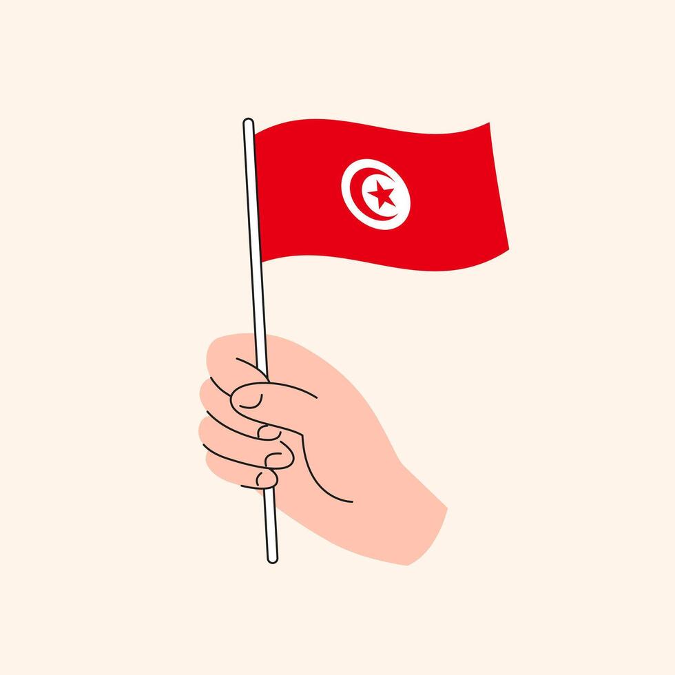 Cartoon Hand Holding Tunisian Flag, Isolated Design. vector