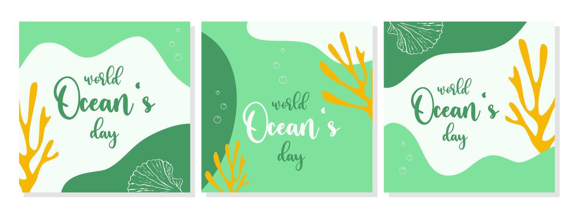 World Oceans Day poster set with seaweed, seashell coral and air bubbles. Harmonious azure turquoise flowing shapes in boho style. vector