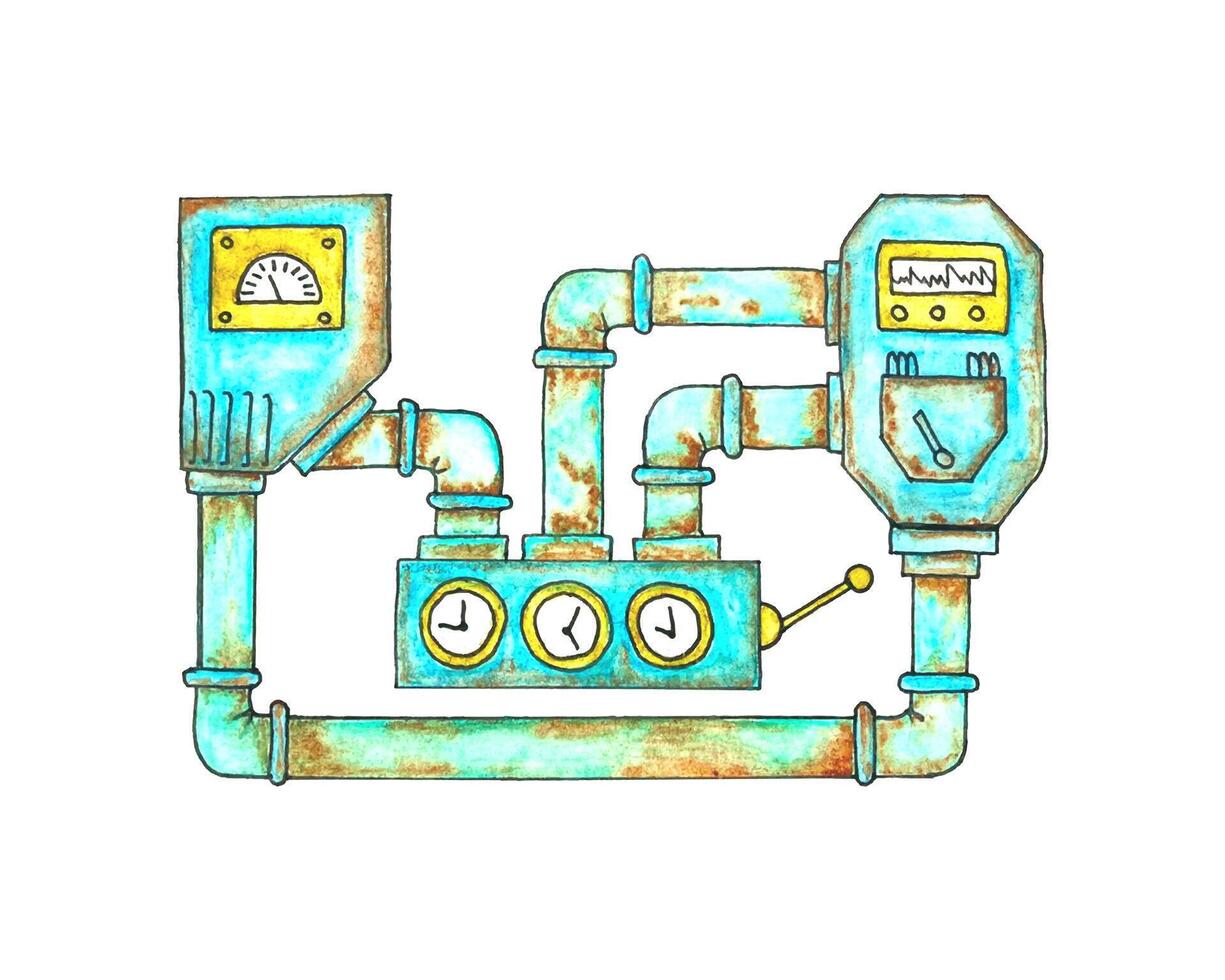 Power machine unit with rusty old dirty pipes in steampunk style, hand drawn watercolor drawing, doodles in steampunk style. trace. vector