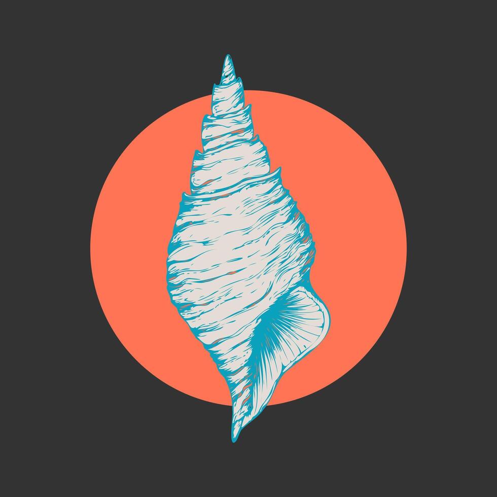 Seashell cone is hand drawn in stylized silhouette on red circle, round, dark background. vector