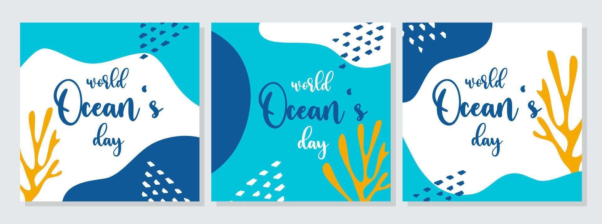 World Oceans Day blue poster set with yellow seaweed, coral. Harmonious flowing shapes in boho style. vector