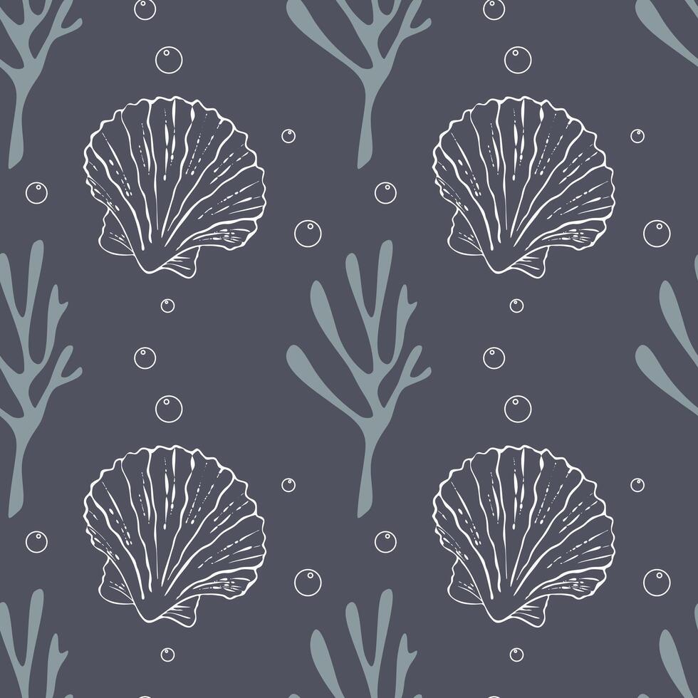 Marine ocean pattern with corals and seashells, air bubbles, sea elements on gray background, elegant and stylish. vector
