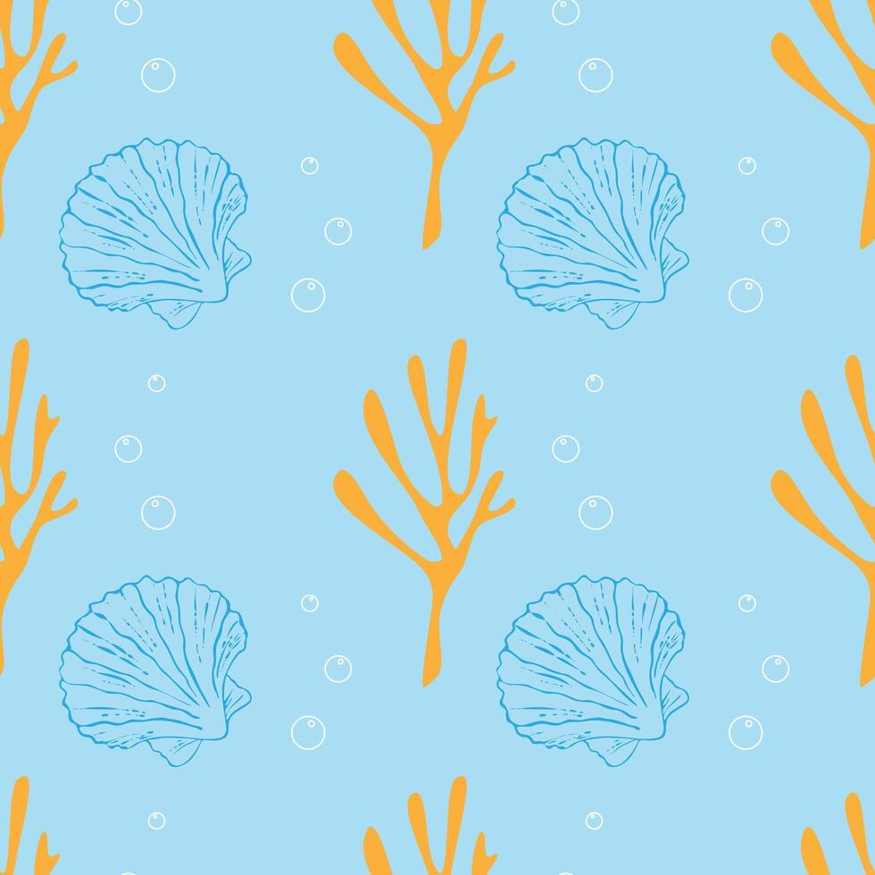 Marine ocean pattern with orange corals and air bubbles, blue contour seashells on pastel blue background. vector