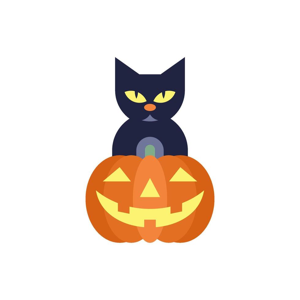 Halloween pumpkin with black cat creepy cute character kids icon flat illustration vector