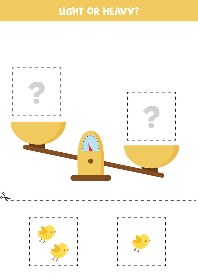 Light, heavy or equal. Cut pictures below and glue to the right box. vector