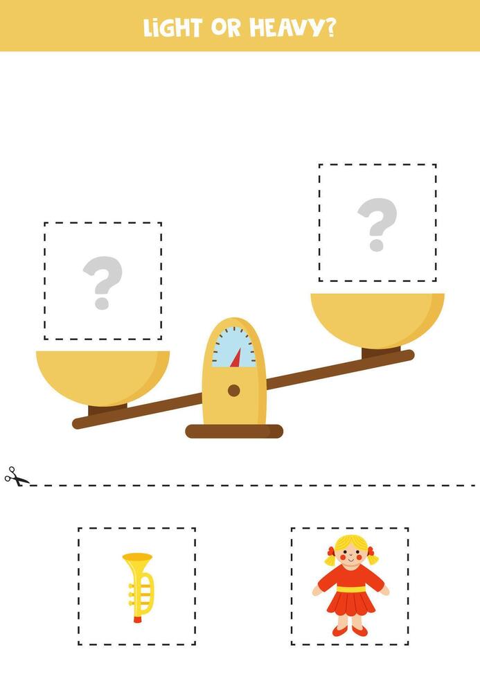 Light, heavy or equal. Cut pictures below and glue to the right box. vector