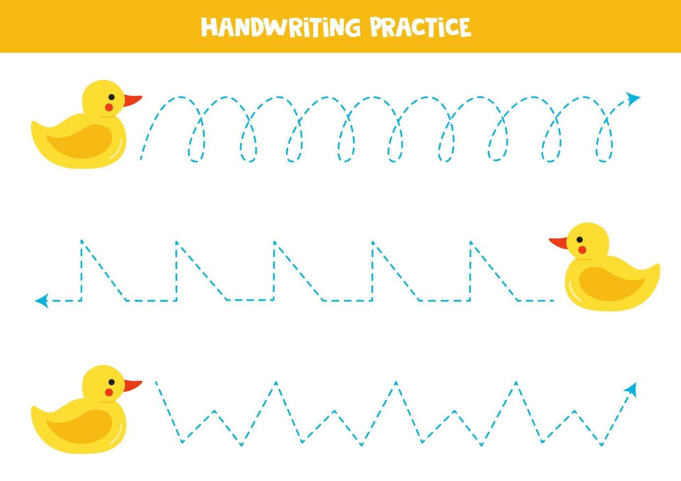 Tracing lines with cute cartoon rubber duck. Writing practice. vector