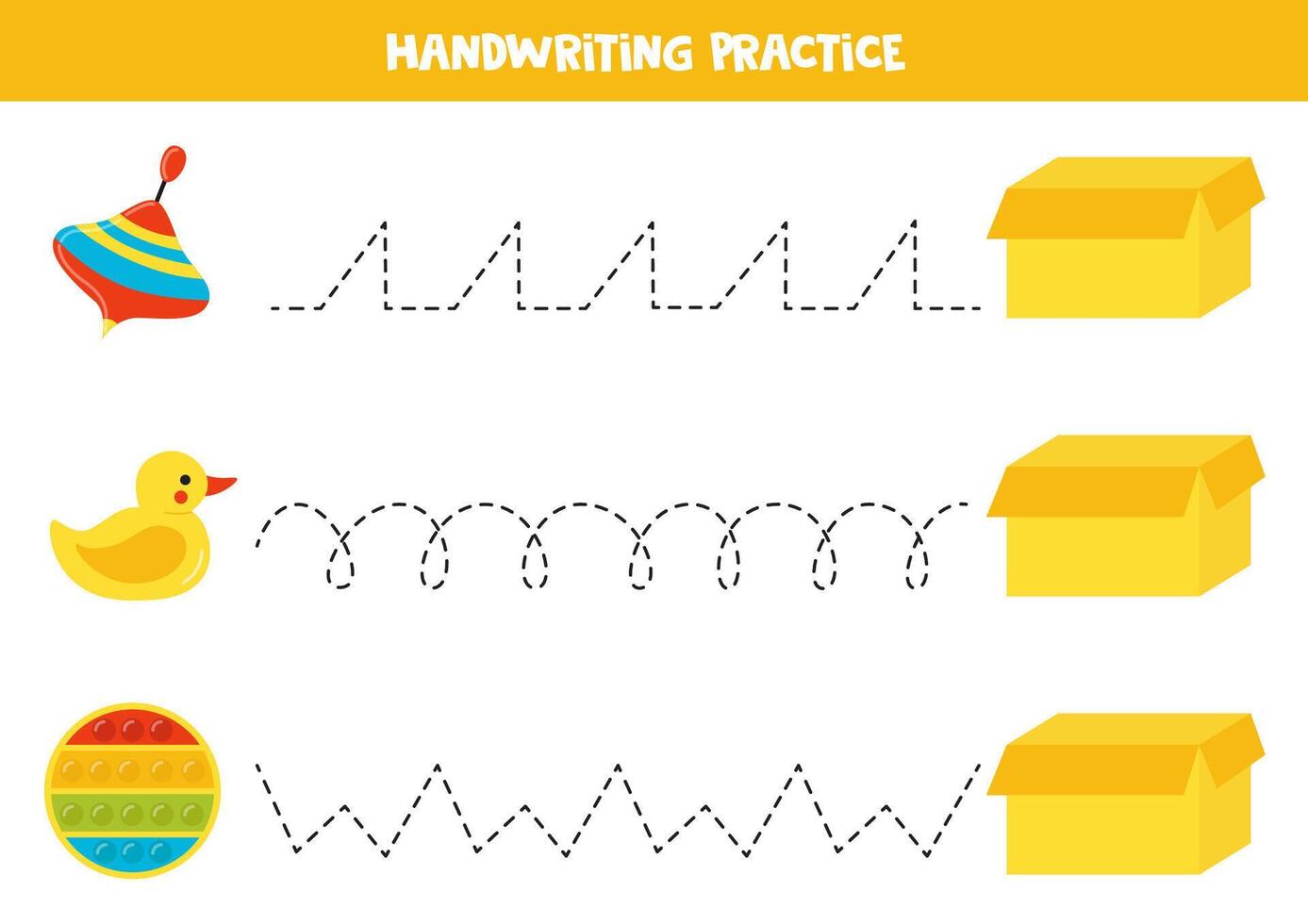 Tracing lines with cute cartoon toys and box. Writing practice. vector