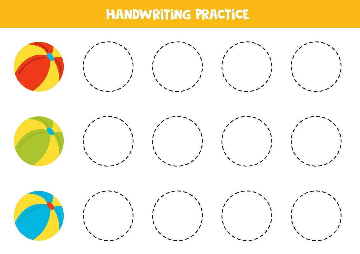 Tracing lines with cute cartoon colorful balls. Writing practice. vector