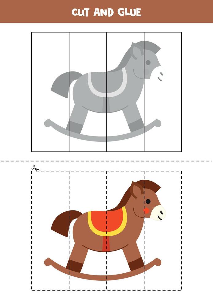 Cut and glue game for kids. Cute cartoon rocking horse. vector