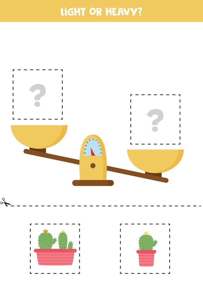 Light, heavy or equal. Cut pictures below and glue to the right box. vector