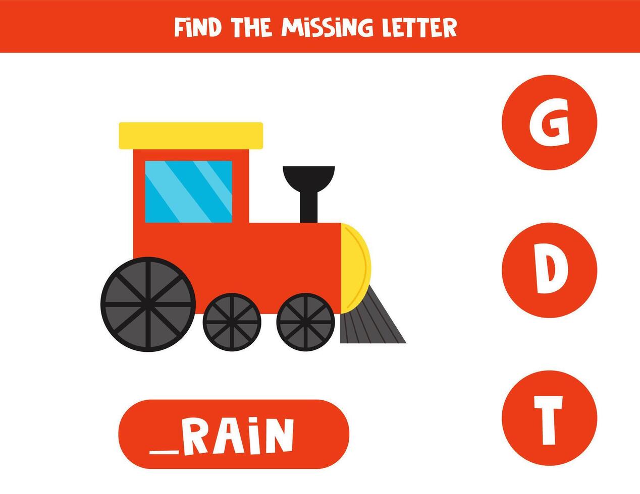 Find missing letter with cartoon toy train. Spelling worksheet. vector