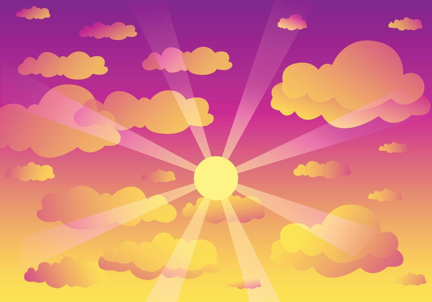 Sunburst sky with clouds purple to yellow color gradient. Background in anime style. vector