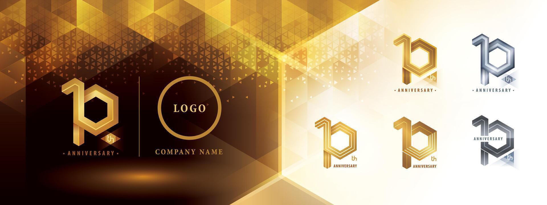 10 aniversario logotipo diseño, diez años aniversario celebracion. resumen hexágono infinito logo, 10 años logo dorado para celebracion evento vector