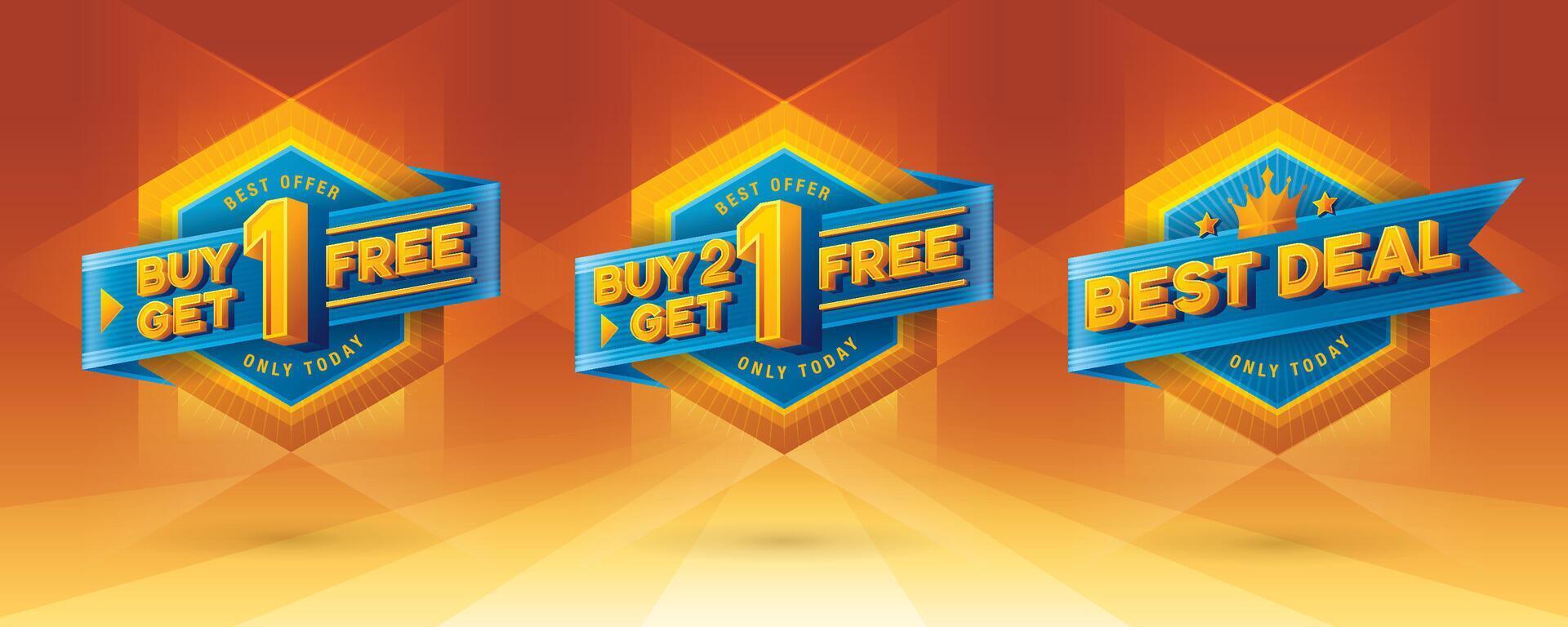 Buy 1 get 1 free, Buy 2 get 1 free, Best Sale tag and discount label sign, Abstract Bule Hexagon vector