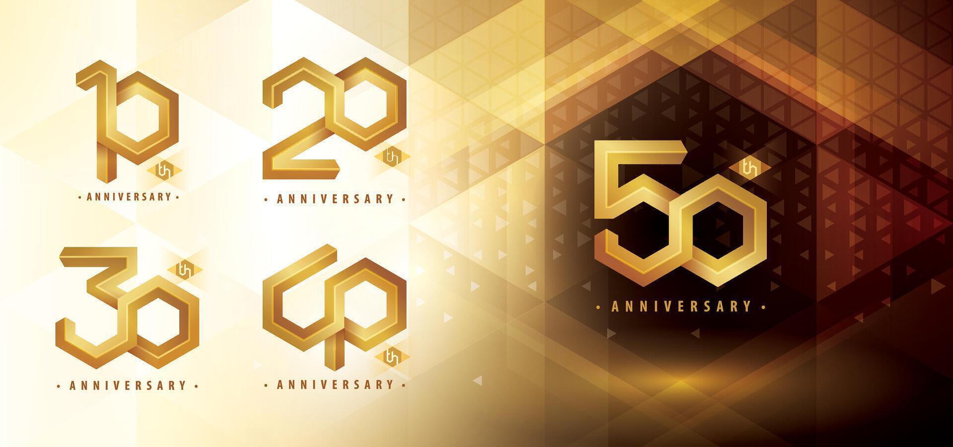 Set of 10 to 50 years Anniversary logotype design, Ten to Fifty years anniversary celebration. Abstract Hexagon Infinity Emboss logo, 10,20,30,40,50 Years Logo golden vector