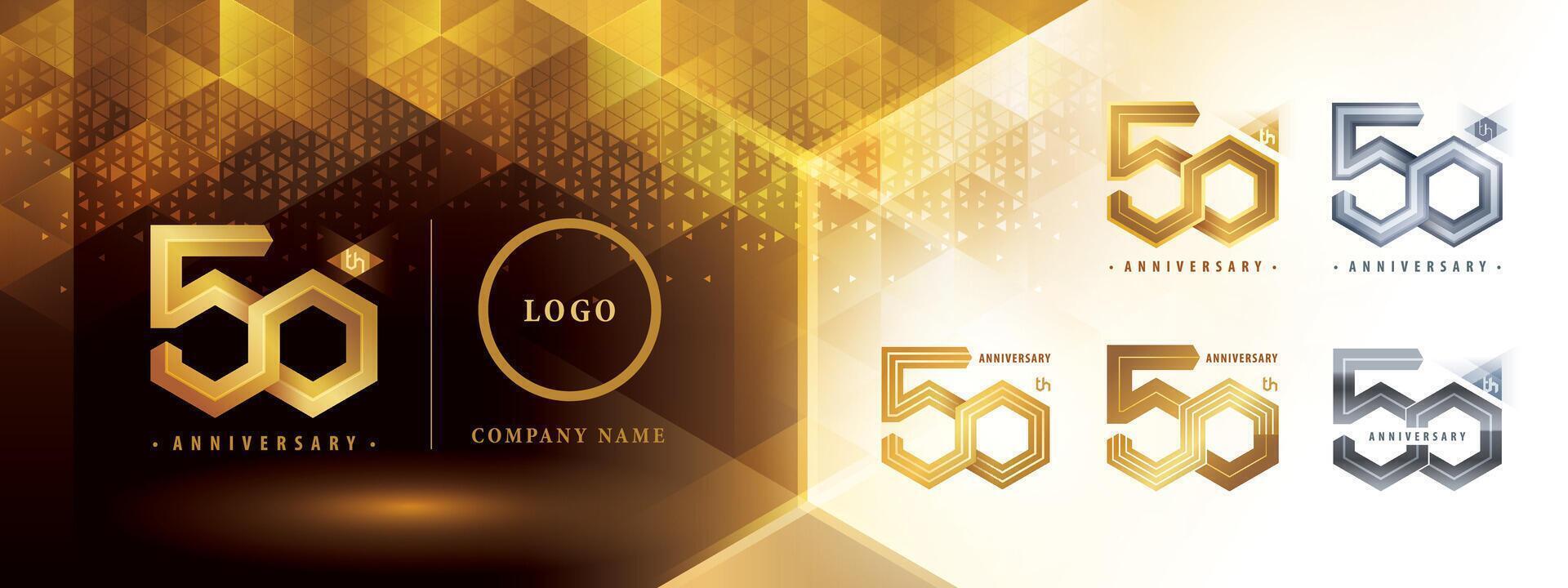 50th Anniversary logotype design, Fifty years anniversary celebration. Abstract Hexagon Infinity logo, 50 Years Logo golden for celebration event, vector