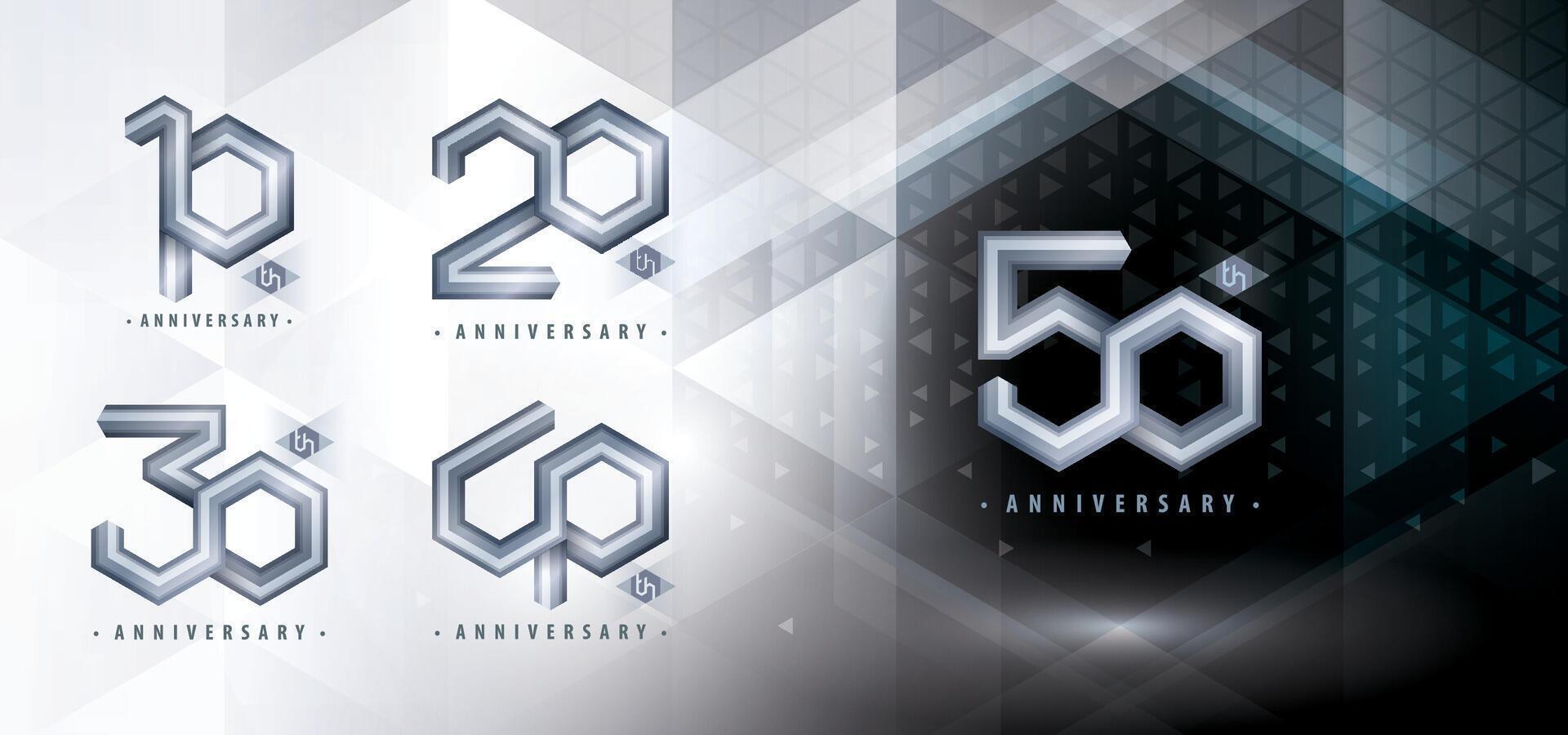 conjunto de 10 a 50 años aniversario logotipo diseño, diez a cincuenta años aniversario celebracion. resumen plata hexágono infinito logo, 10,20,30,40,50 años logo para celebrar evento vector