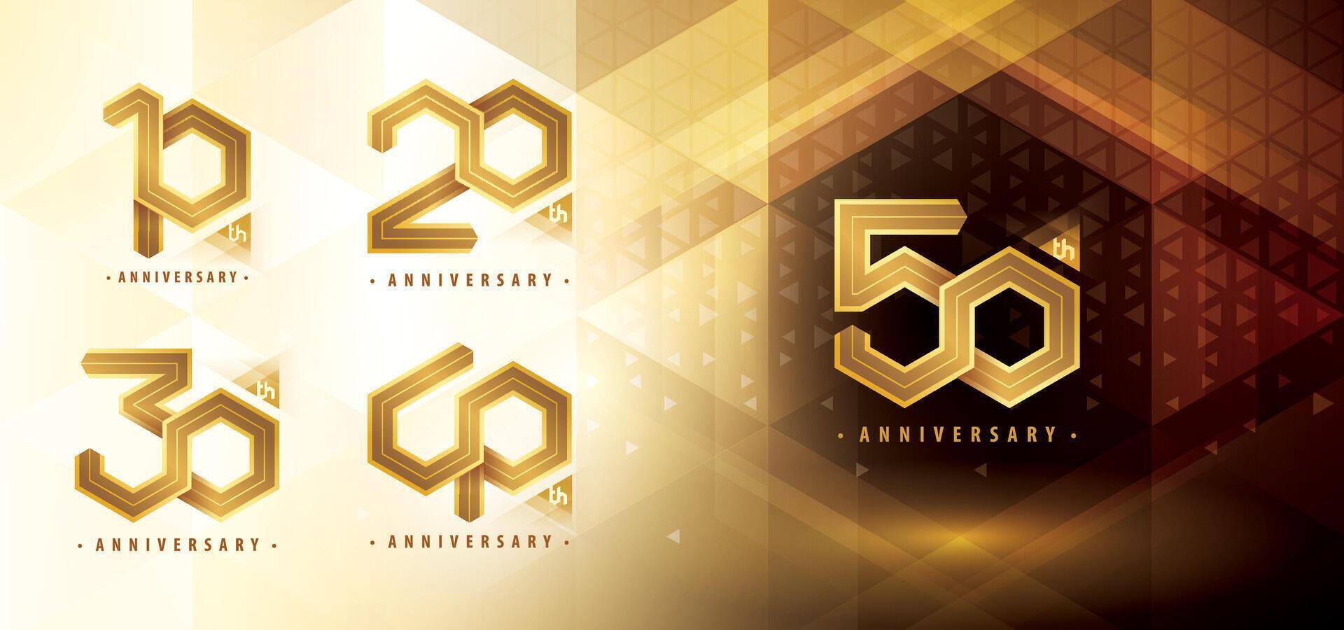 conjunto de 10 a 50 años aniversario logotipo diseño, diez a cincuenta años aniversario celebracion. resumen hexágono infinito frontera línea logo, 10,20,30,40,50 años logo dorado para celebrar evento vector