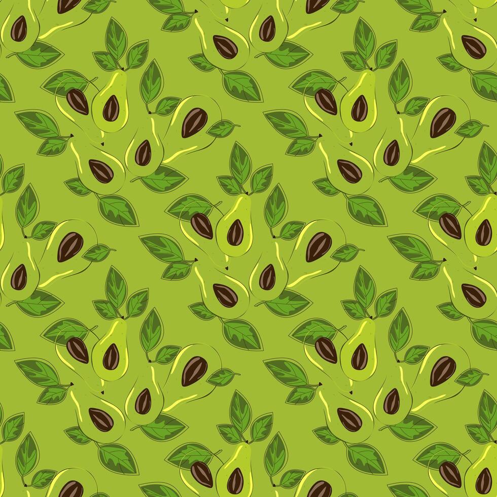 Ripe, juicy avocado cut with leaves, seamless geometric pattern, .Hand drawn in doodle style.Design for printing on fabrics, holiday and confectionery packaging, wallpaper, wrapping and scrap vector