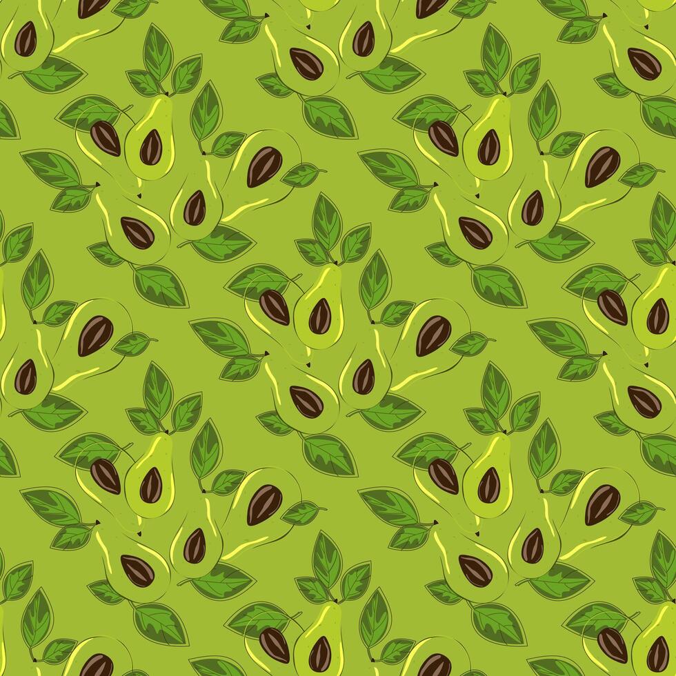 Ripe, juicy avocado cut with leaves, seamless geometric pattern, .Hand drawn in doodle style.Design for printing on fabrics, holiday and confectionery packaging, wallpaper, wrapping and scrap vector