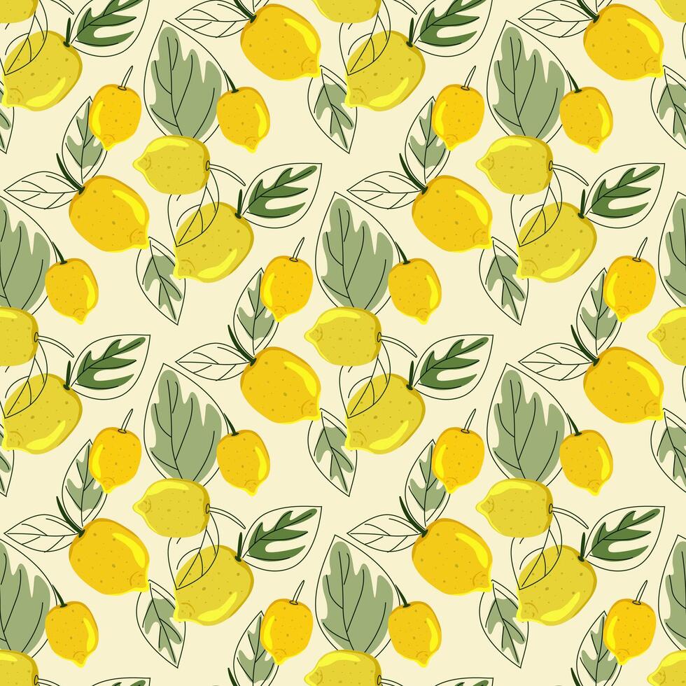 tropical sin costura antecedentes con amarillo limones mano dibujado limones repitiendo antecedentes en garabatear estilo.diseño para impresión en telas, fiesta y confitería embalaje, fondo de pantalla, embalaje vector