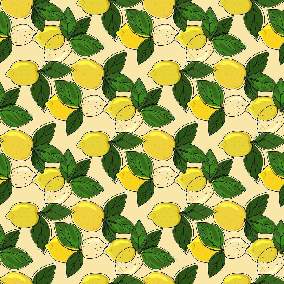 Tropical seamless background with yellow lemons. Hand drawn lemons repeating background in doodle style.Design for printing on fabrics, holiday and confectionery packaging, wallpaper, packaging vector