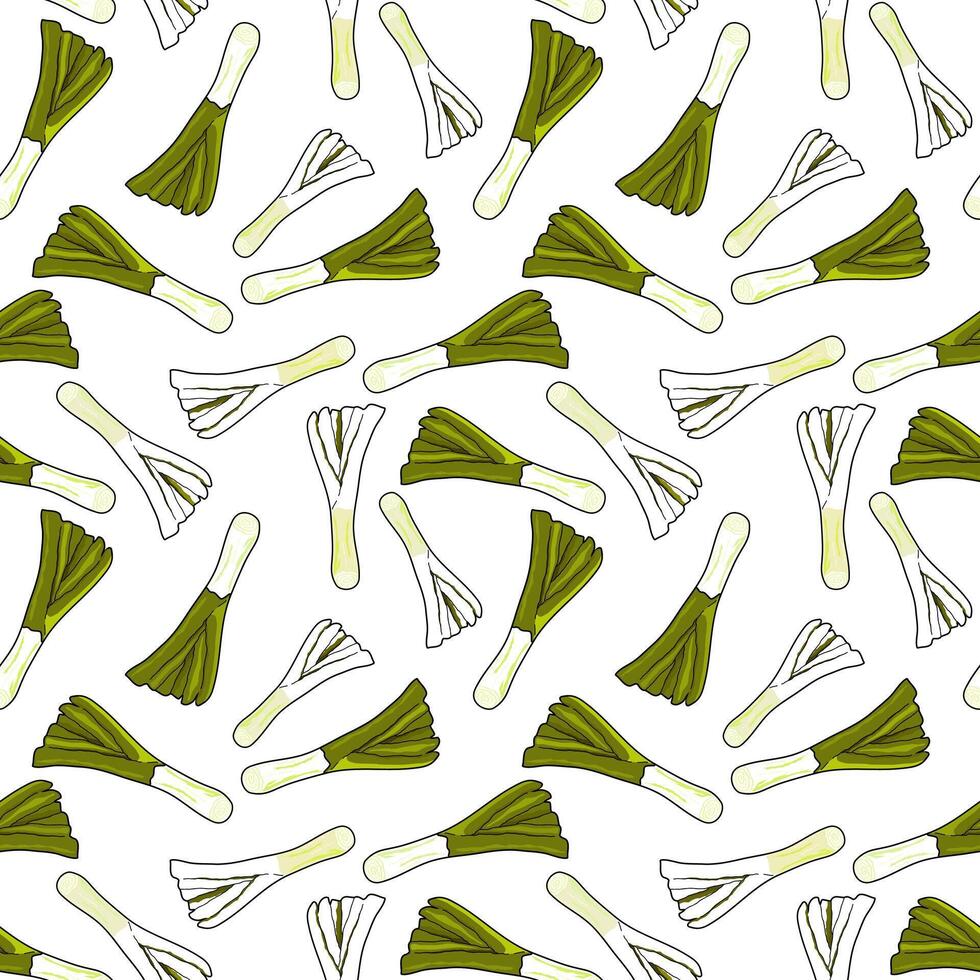 Seamless background of green onions. Green onions. Hand drawn in doodle style. Design for printing on fabrics, holiday and confectionery packaging, wallpaper, packaging and scrap metal vector