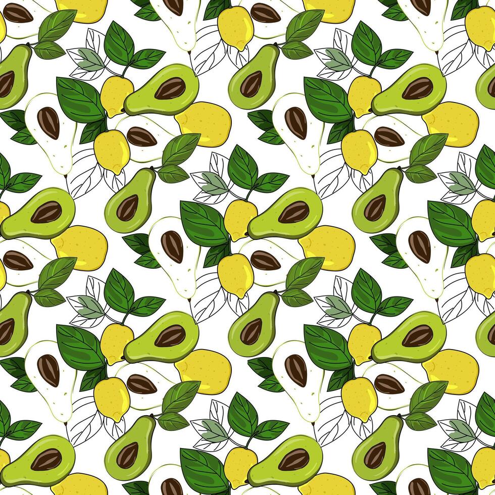 Ripe, juicy avocado and lemon with leaves, seamless geometric pattern. Hand drawn doodle style. Design for printing on fabrics, holiday and confectionery packaging vector