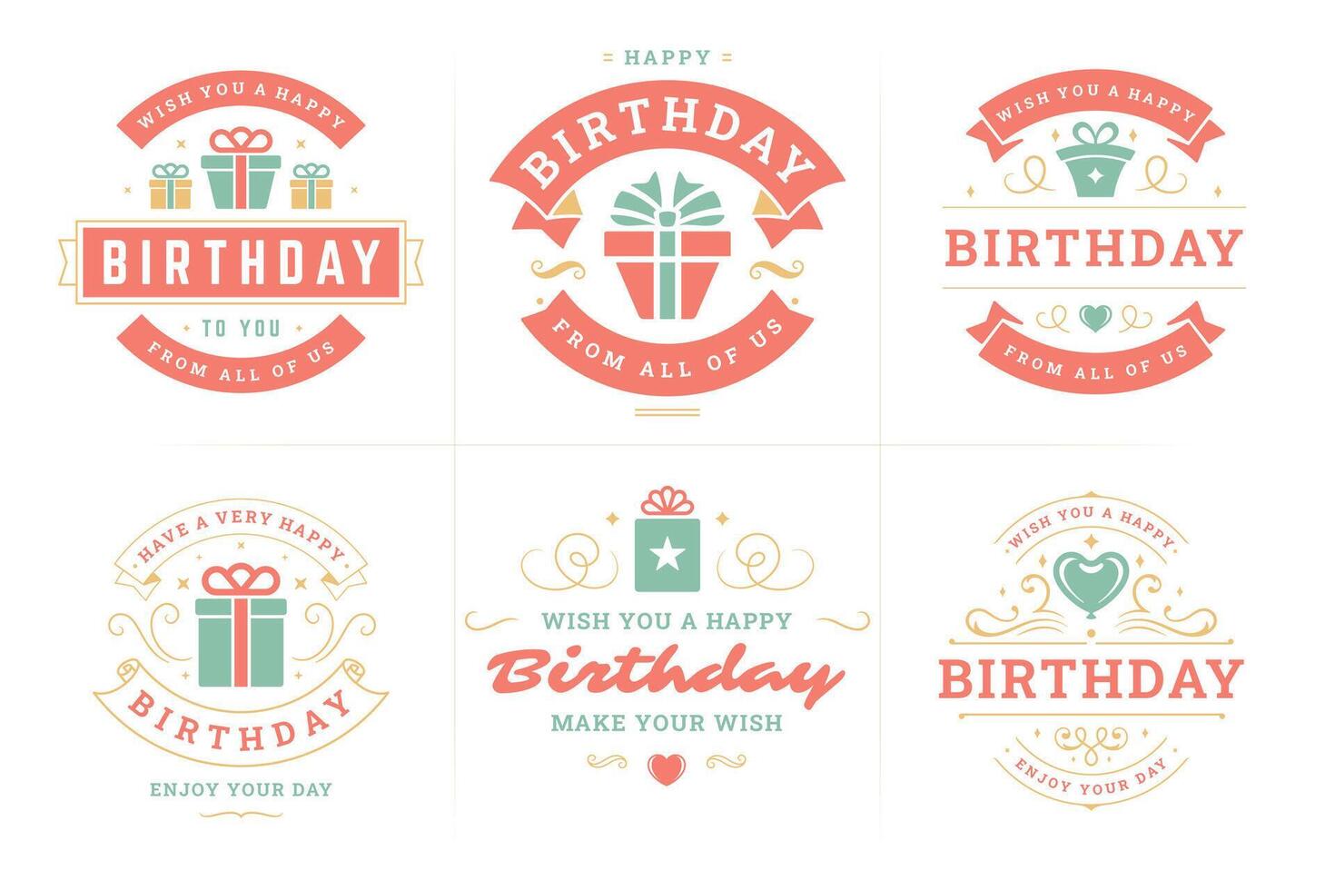 Happy birthday red vintage label and badge set for greeting card design flat illustration vector