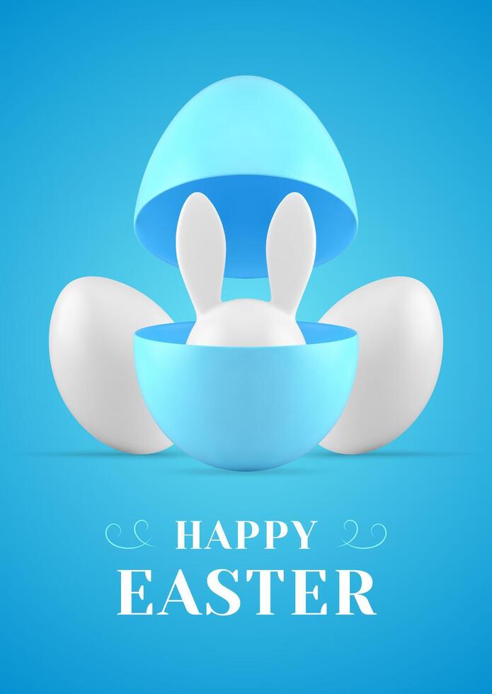 Happy Easter surprise 3d greeting card bunny hiding in open painted egg half design template realistic illustration vector