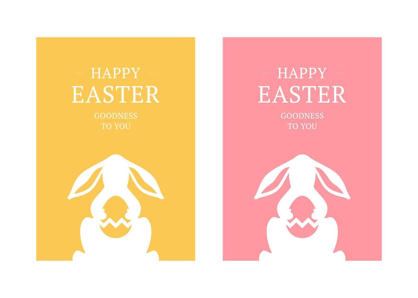 Easter bunny long ears holding ornamental chicken egg greeting card set design template flat vector