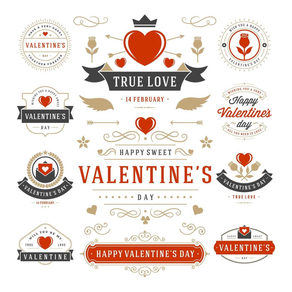 Valentines Day Labels and Cards Set, Heart Icons Symbols, Greetings Cards, Silhouettes vector