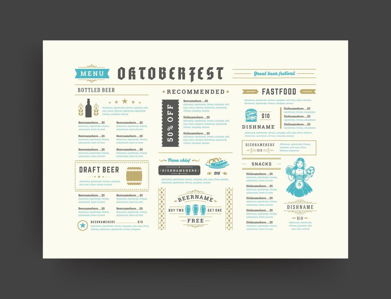 Oktoberfest menu vintage typography template beer festival celebration design illustration. vector