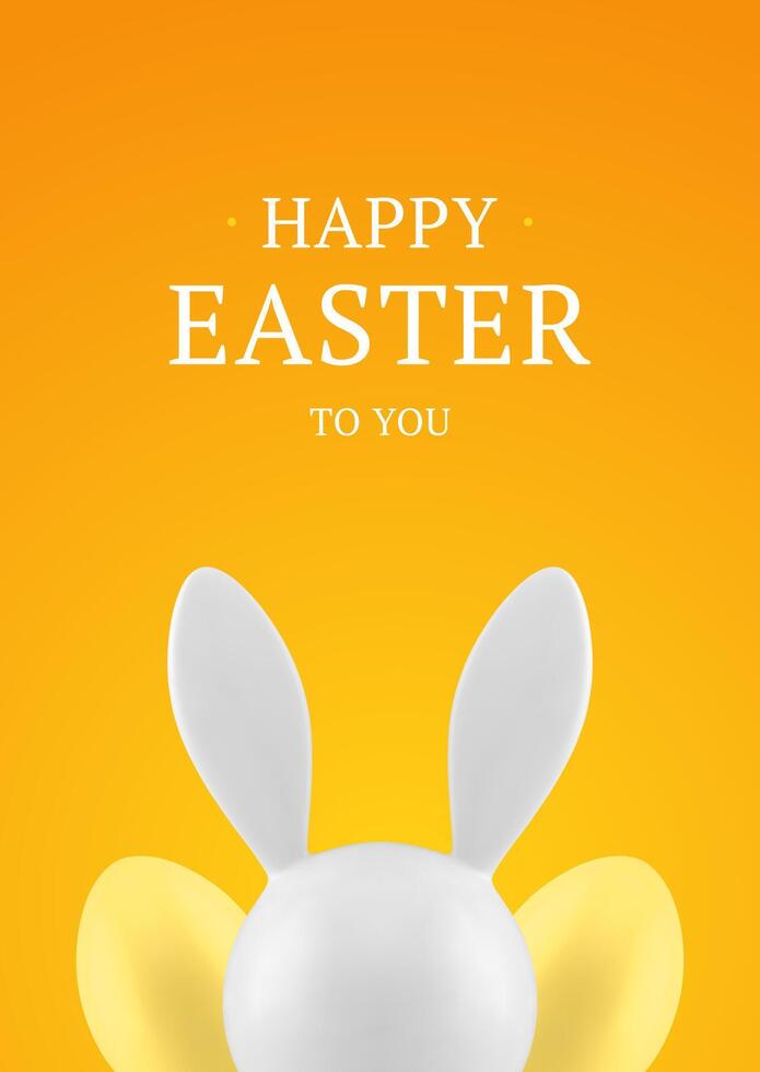 Easter yellow 3d greeting card rabbit long ears painted chicken egg design template realistic vector
