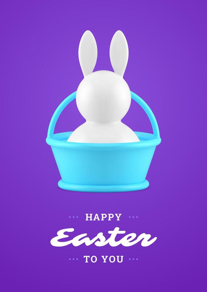 Happy Easter bunny blue basket 3d greeting card design template realistic illustration vector