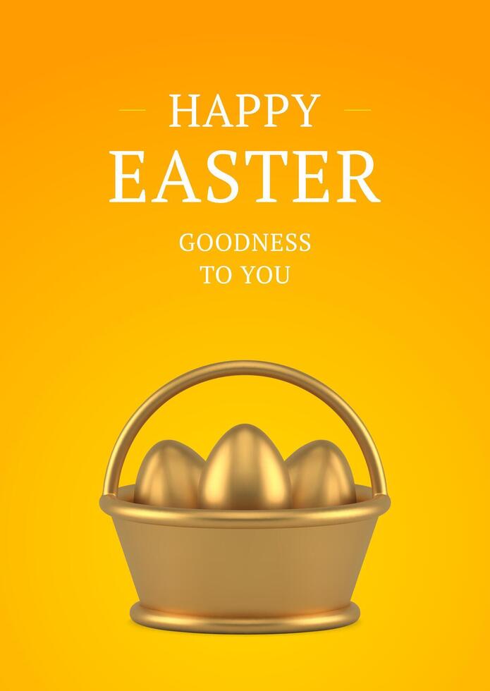 Happy Easter golden basket painted chicken eggs 3d greeting card design template realistic illustration vector