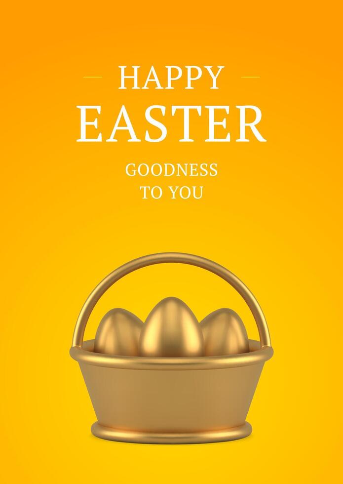 contento Pascua de Resurrección dorado cesta pintado pollo huevos 3d saludo tarjeta diseño modelo realista ilustración vector